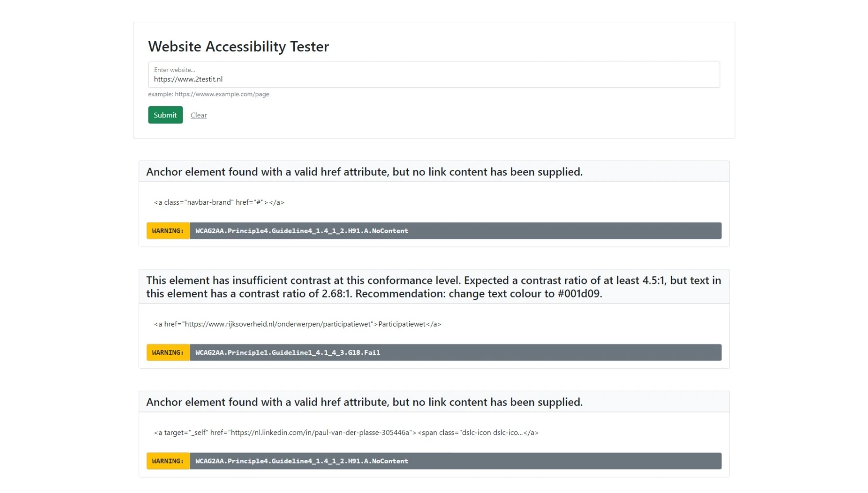 Screenshot Website Accessibility Tester results